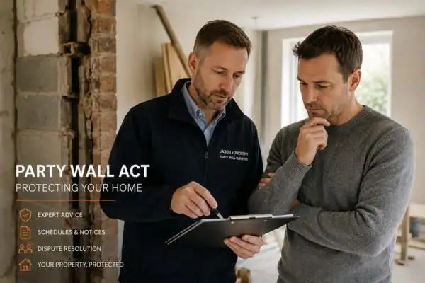 Party wall surveyor Witham discussing extension plans with homeowner outside a UK semi-detached house.